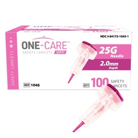 ONE-CARE Opti Safety Lancets Top Button Activated 25G x 2mm, Gentle, 100/bx