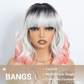 Colourful Short Bob Wigs with Bangs for Women 3 Tone Ombre Greyish white root to Pink Color Short Wavy Bob Hair Wig Shoulder Length Synthetic Heat Resistant Bob Wigs