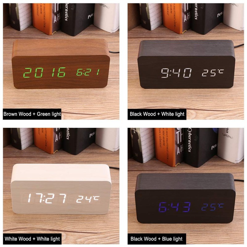 Wooden Digital Alarm Clock, Quiet LED Display, Adjustable Brightness/Sound Control,
