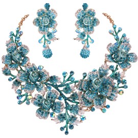 EVER FAITH Women's Blooming Flower Statement Jewelry Crystal Elegant Leaf Wedding Prom Necklace Earrings Set Light Blue Gold-Tone