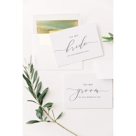 To My Bride To My Groom On Our Wedding Day Card 4x5.5 Folded White Card with Black Caligraphy with Gold Foil Lined Envelopes 2 Card Set Vow Cards Elegant Minimalist Style Wedding Cards