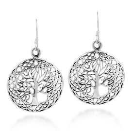 AeraVida Round Tree of Life Celtic Frame Sterling Silver Dangle Earrings | Elegant Nature-Inspired Spiritual Jewelry for Women