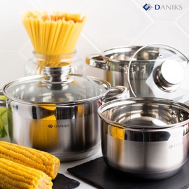 Daniks Standard Stainless Steel Stock Pot with Glass Lid | Induction 3 Quart | Dishwasher Safe Pot | Measuring Scale | Soup Pasta Stew Pot | Silver