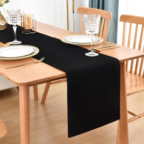 Farmhouse Rustic Table Runner Black Faux Linen Double Layer Table