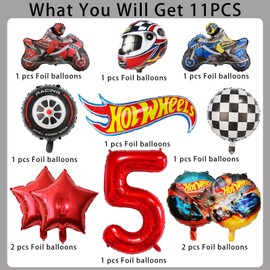 Cars Birthday Decoration, 11 Pieces Racing Car Foil Balloons, 5 Years Boy Helmet, Racing Car Balloons, Motorcycle, Black and White Checked Racing Car Foil Balloons Set