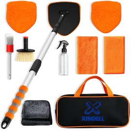 XINDELL Extendable Windshield Cleaner Tool Kit for Car, Interior & Exterior Window Cleaning with Pivot Head, Car Cleaning Microfiber Towels Kit with 3 Reusable Pads, Spray Bottle & 3 Towels (Orange)
