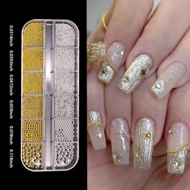 WOKOTO 2 Box Nail Art Charms Mix Size Gold Silver Metal Nail Beads and Half White Nail Pearls Nail Jewels Luxurious Design Nail Charms Various Sizes Nail Charms for Nails Art Accessories Decoration