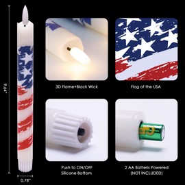 JOIONE Patriotic Flameless Taper Candles with Remote & Timer, Battery Operated Red White and Blue LED Flag Candles with Real Wax for Independence Day 4th of July Decoration