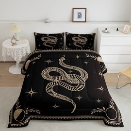 Castle Fairy Snake Printed Comforter Set,Boho Sun and Moon Bedding Set for Kids Girls Women,Adults Starry Sky Galaxy Comforter,Black and Brown Quilted Duvet Set Bedroom Collection Twin Size 2Pcs