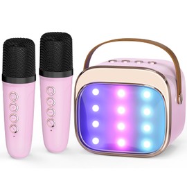 FLUESTON Mini Karaoke Machine for Kids Adults, Portable Bluetooth Speaker with 2 Wireless Microphones, Birthday Kids Gifts Toys for Girls Ages 3-12+ Years Old (Pink 2Mic)