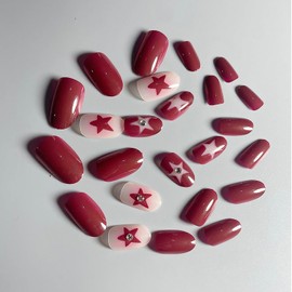 Short Press on Nails Almond Shape Fake Nails Cute Acrylic Nails Red RIICFDD Nails Red Star Nails Press ons Full Cover Artificial Glossy Glue on Nails for Women and Girls Artificial Nails 24 Pcs
