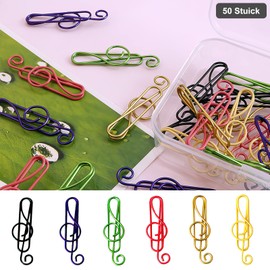 TNSLAND Pack of 50 Metal Paper Clips with Transparent Box Metal Colourful Design Paper Clips Large Bookmarks Music Gifts for Office, School, Notebook, Gifts, Memo
