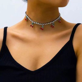 Aneneiceera Boho Crystal Cherry Choker Necklace Chain Vintage Rhinestone Choker Silver Cherry Fruit Pendant Necklace Wedding Bridesmaids Tennis Chain Choker Jewellery for Women and Girls, Metal
