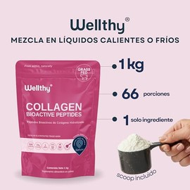 Wellthy Colageno Hidrolizado Puro 1kg. Péptidos de Colágeno Bioactivos Genu-In®, 66 Porciones por Envase, 1 Solo Ingrediente, SIN Azúcar, Scoop Incluí