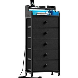 Dresser for Bedroom with Charging Station and LED Lights, 5 Drawers Dresser Black Chest of Drawers with Shelves, Tall Night Stand with Sturdy Steel Frame & Wood Top for Bedroom - Color: Modern White, Size: 11.8"D x 15.8"W x 40.2"H (5 Drawers)