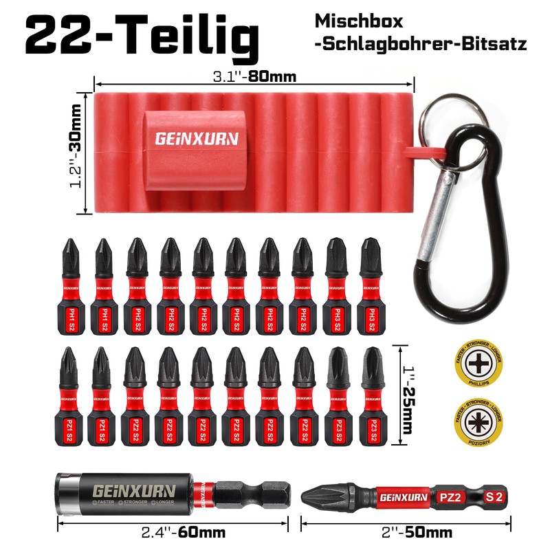 Geinxurn Screwdriver PH PZ Bit Set 22 Pieces, Pozidriv S2