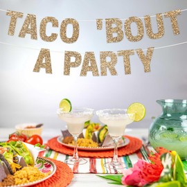 Banner de fiesta pre-encordado con taco, no bricolaje, pancarta de fiesta de taco con purpurina dorada, preencordado en hebra de 8 pies, decoraciones y decoración de tacos mexicanos de fiesta de Cinco