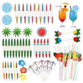 140-Piece Tropical Drink Umbrella & Cocktail Accessory Set – Colorful Picks, Straws, Fireworks Stirrers, and Fruit Skewers for Summer Party Decor