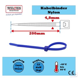 Cable Ties Blue Pack of 100 200 x 4.8 Nylon 6.6 UV-Resistant Non-Resealable Permanent Closing WeltiesSmartTools