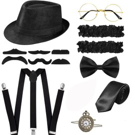 AOOTOOSPORT 1920s Mens Gatsby Gangster Costume Accessories Set 20s Retro Gangster Costume Panama Hat Suspender Bow Tie