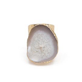 Dazzle Appeal Natural Agate Slice Statement Cuff Ring, Brass Gold Plated, Open Cuff, Stone Size 25-30mm, Adjustable US Size 6-8 (Gray)