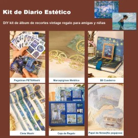 AZYAADIXX 128pzs Journal Scrapbook Vintage Libreta Y Pegatinas Stickers Tape DIY Notas Kit Estético de Álbumes de Recortes Diario Cuaderno Suministros