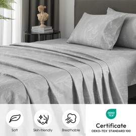 HYPREST Grey King Size Sheets, 18 Inch Deep Pocket King Sheets Botanical Pattern Sheet Luxury Rustic Soft Hotle Quality-1800 Threat Count