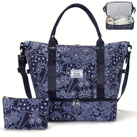Weekender Bag Travel Bag for Women Overnight Duffel Bag with with Shoes Compartment and Toiletry - Color: Blue Print, Style: Travel Bag With Toiletry Bag