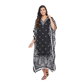 Oussum Paisley Print Kaftan for Women Polyester Caftan Dress Kimono Sleeve Plus Size Beach Maxi Dresses (Black Paisley Kaftan), Multi-color, One Size Plus