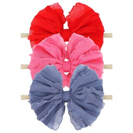 Lanmerry 3 Pack Baby Girls Headbands Soft Elastic Headbands Newborn Lace Hair Bow Hair Accessories for Infant Baby Toddler Girls Rose Navy Red