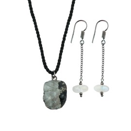 Thecraftman Natural Raw Moonstone Gemstone Black Cord Pendant Necklace, Dangling Earrings, Combo Jewelry Set, AAA Quality Stones, Healing Crystals, Birthday Gift for Women, 20inch