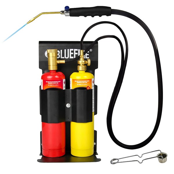 BLUEFIRE Oxypropane High Heat Welding Torch kit Free Accessory of Flint Lighter and Cylinder Holder Rack Duel Fuel by Oxygen and MAPP MAP PRO and Propane Brazing Soldering Gas Cylinders Not Included