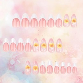 French Tip Press on Nails Almond Shaped Medium 3D Flower False Nails with Rhinestones Design Summer Acrylic Nails Full Cover Coffin Nails Reusable Glue on Nails for Women 30Pcs