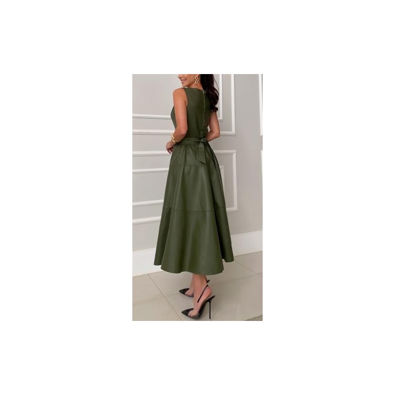 CHARTOU Women PU Faux Leather Sleeveless Elegant Flowy Long Dress