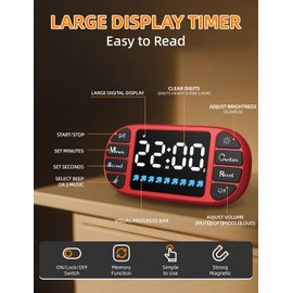 DOOMAY Digital Kitchen Visual Timer: 3.6'' Large LED Display, Magnetic, 3 Brightness, 4 Alarms and Volume, Memory Function, Countdown Count up for Cooking, Classroom, Home Gym, AAA Battery Included