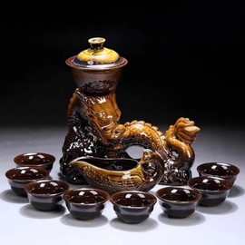 Ceramic Teapot with Infuser Semi Automatic Tea Set Magic Teapot with 8 cups Gradient Color (Yellow Dragon- C)