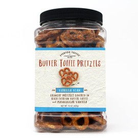 Everton Vanilla Bean Butter Toffee Pretzels: Gourmet Artisan Vanilla Bean Butter Toffee Covered Pretzels, made in small batches for that Rich Small Batch Butter Toffee Confection. 15oz Gourmet Grab Jar
