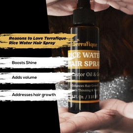 TERRAFIQUE Rice Water Hair Shine Spray for Women - Leave-In Conditioner with Castor & Ginger for Hair Growth, All Hair Types - 4 Fl Oz / 118 Ml (1 Pack)