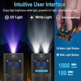 BORUIT EV15 LED Small Powerful EDC Flashlight,1000 Lumen USB-C Rechargeable Mini Keychain Flash Light with 365nm UV & RGB Side Light,IP65 Waterproof,Clip & Tail Magnet for Emergencies