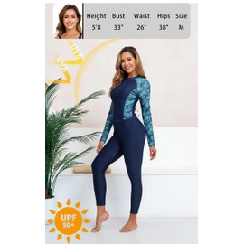 ALLTOKE Womens Full Body Zip Front Rash Guard Long Sleeve One Piece Bathing Suit with Built in Bra UPF50+ Surf Swimsuit Navy Blue Green Leaves S