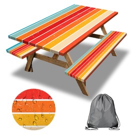 Orange Picnic Table Cover with Bench Covers, 3 Pcs Waterproof Elastic Picnic Table Cover Outdoor Camping Essentials, Windproof Fitted Tablecloth for Camping, Indoor, Outdoor (Striped, 72X30 Inch)