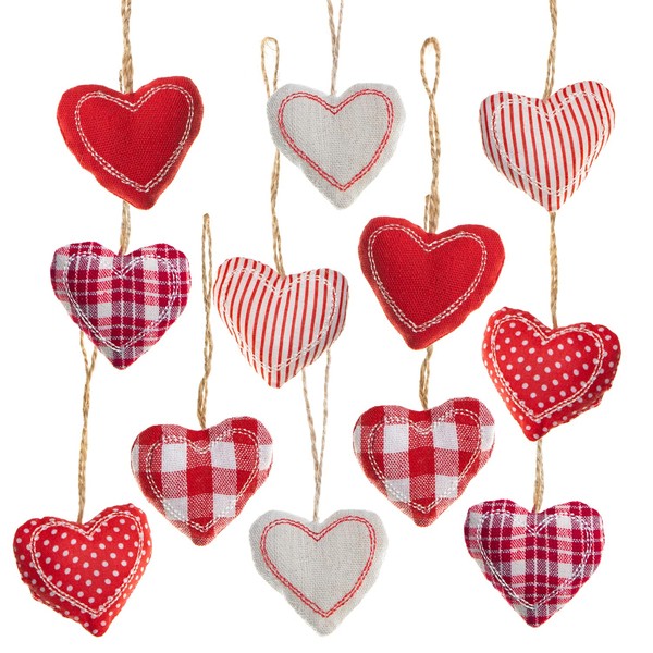 Logbuch-Verlag 12 Sewing Fabric Charms Heart Rose Red White Decoration Shabby Chic Hanging Decoration Pendant Christmas Tree Christmas