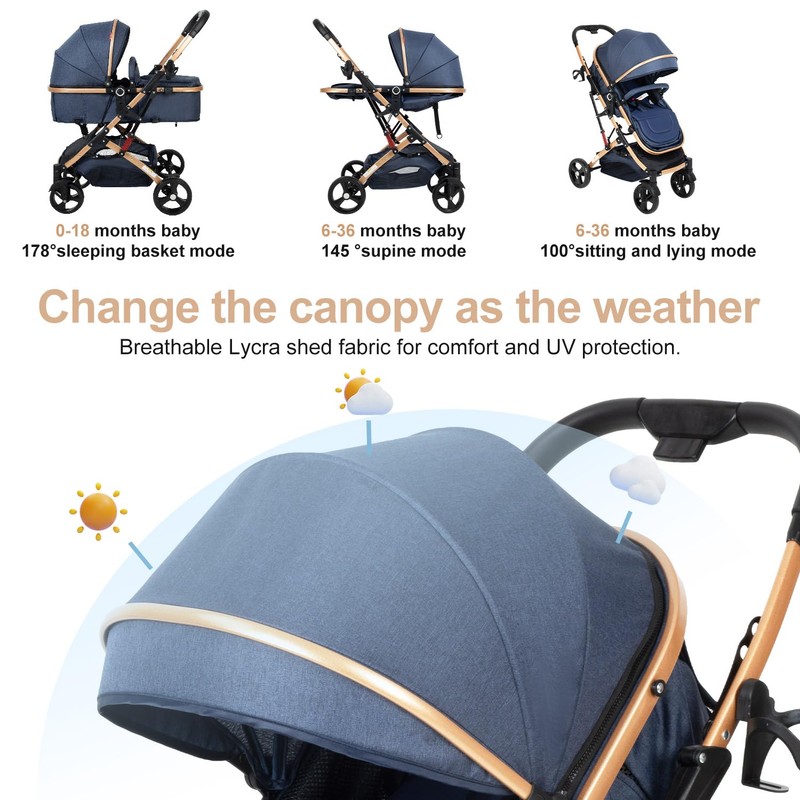 2 in 1 Baby Stroller Blue Newborn Stroller Foldable Convertible