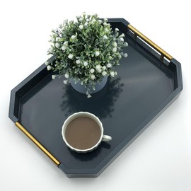 Serving Tray with Polished Metal Handles, Hexagon Coffee Table Tray, Modern Rectangle Decorative Tray, Large Ottoman Tray, Perfect for Storage and Display (Blue Rectangle)