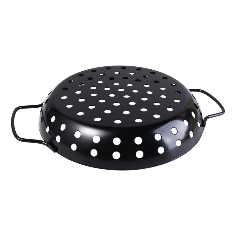 Round Grill Wok with Handle,Carbon Steel Grill Pan With Holes,Non-Stick
