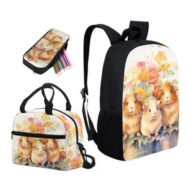 Semiouray Cute Guinea Pig Floral Print 3pcs SchoolBag Teenager Gifts for Men & Women Cartoon Animal Hamster Parent-Child Family Fits 12 inch laptop Bag Lunch Bag Pencil Case