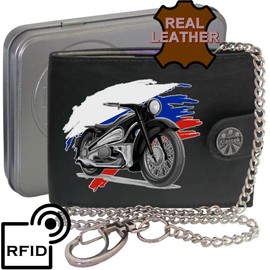 Biker Classic Vintage Motorbike Motorcycle Russia Flag Mens Chain Wallet Gift Box KLASSEK Brand Real Black Leather RFID Blocking with Coin Pocket