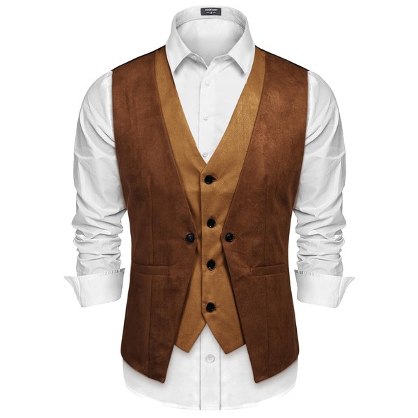COOFANDY Men's Suede Leather Vest Layered Style Dress Vest Waistcoat