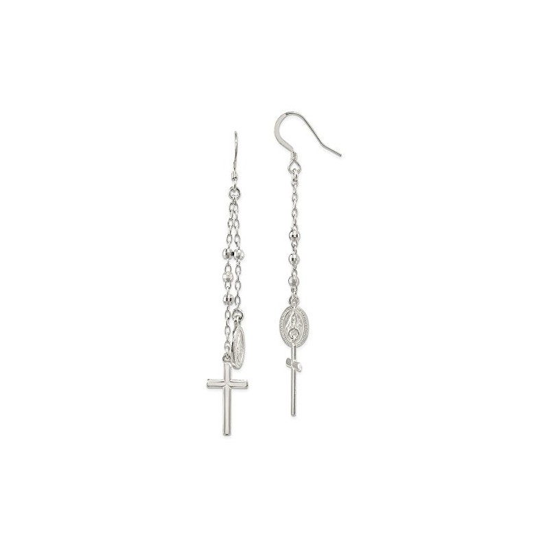 925 Sterling Silver Polished Miraculous Medal & Cross Hook Earrings