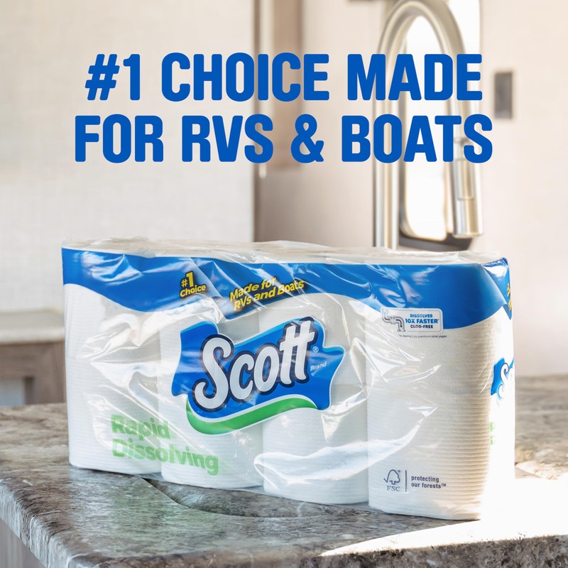 Scott Rapid-Dissolving Toilet Paper, 12 Double Rolls, Septic-Safe, Toilet Paper